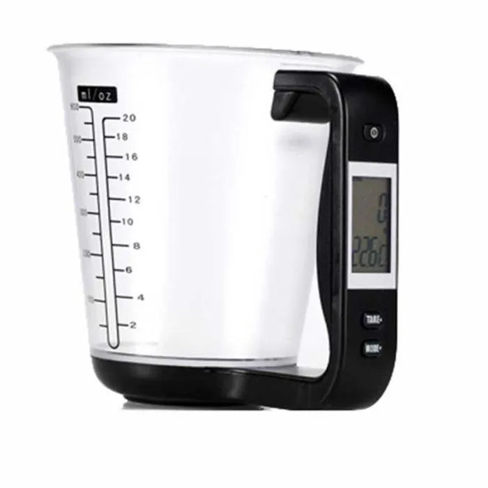 Digital kitchen scale measuring cup in green with LCD display on handle showing weight