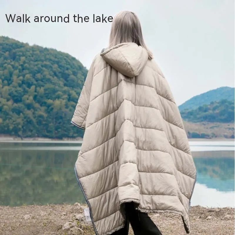 Army Green wearable cloak sleeping bag laid flat showing 200x140cm size and cape hood.
