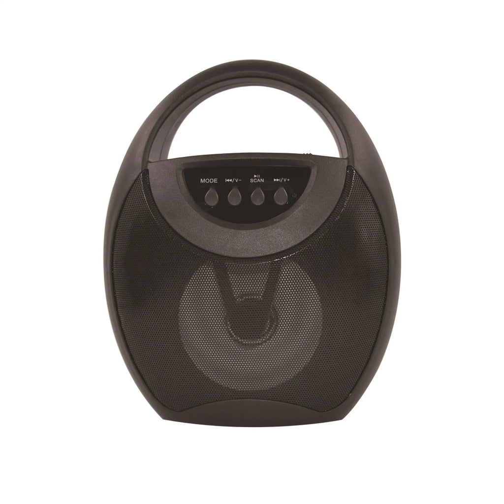 Portable Bluetooth speaker with plastic shell in black, 1200mAh battery, 6-hour playtime, USB and SD card slots