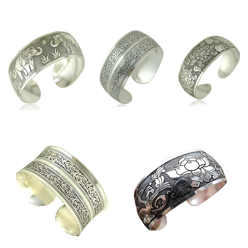 Ethnic carved open Miao silver alloy bracelet in Roman shape with diamond treatment