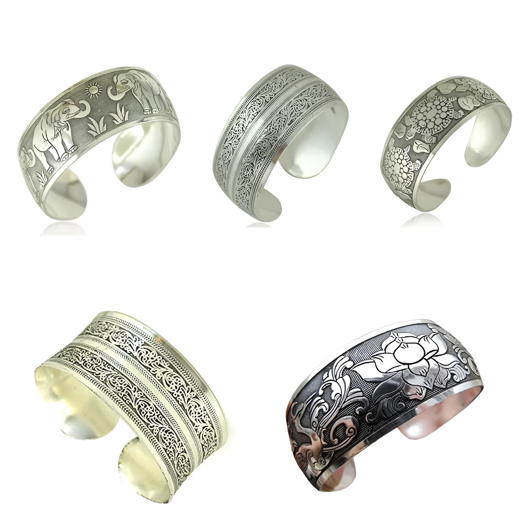 Ethnic carved open Miao silver alloy bracelet in Roman shape with diamond treatment