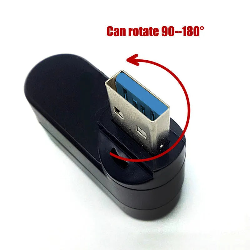 Black USB 3.0 four-port rotary splitter hub with compact ABS plastic construction