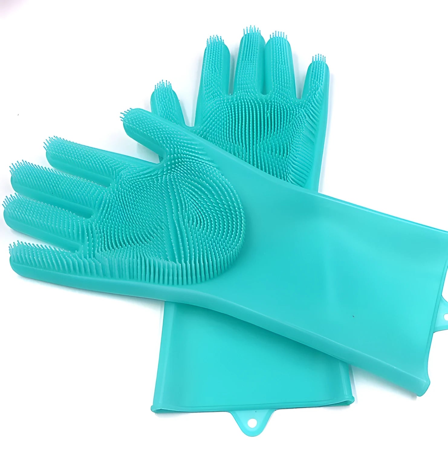 Silicone heat-resistant cleaning brush scrubbing gloves in blue with built-in sponge, non-slip, 357x165mm
