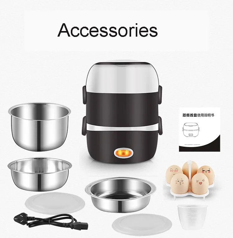 Electric lunch box with USB port and 190mm cubic dimensions showing two capacity options