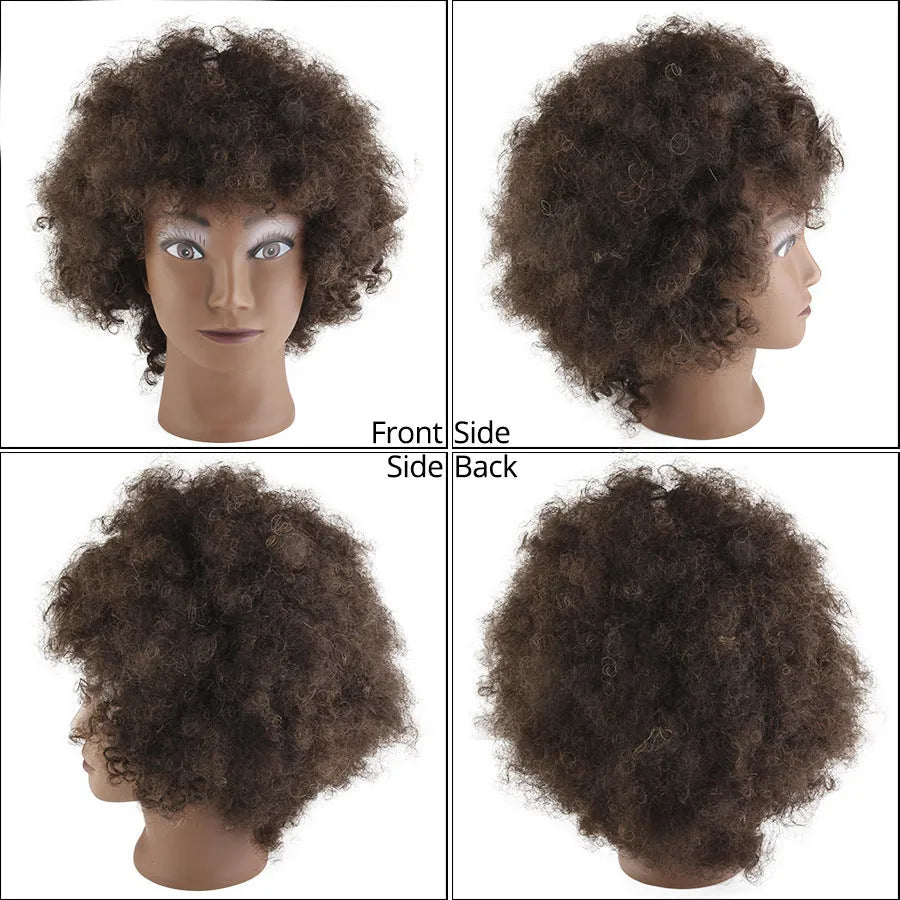 Black real human hair model wig with short fluffy style on head mold for salon display