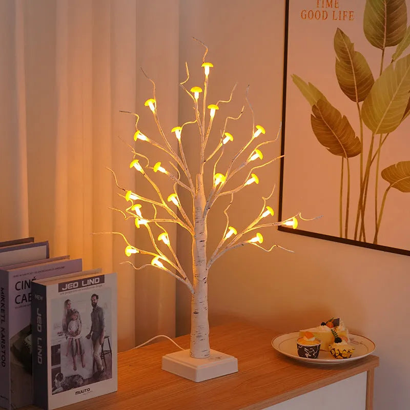 60cm tall white mushroom tree lamp with warm LED lights and small detachable red mushroom flowers on birch branches.
