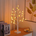 60cm tall white mushroom tree lamp with warm LED lights and small detachable red mushroom flowers on birch branches.