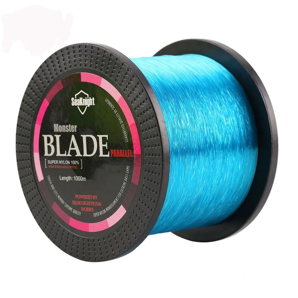 Seaknight1000 M spool of nylon fishing line showing colour choice and diameter size label.