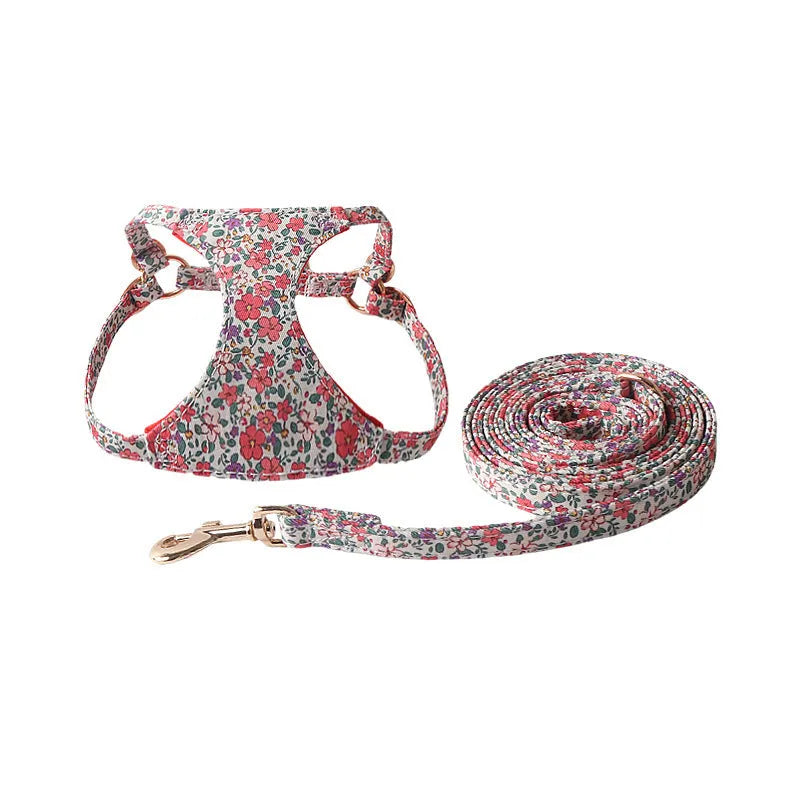 Super Beautiful Floral Series pet harness suit with leash in orange for small dogs