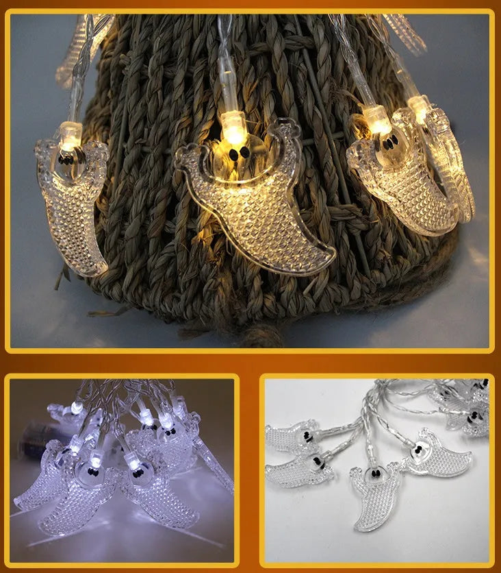Halloween LED string lights with pumpkin, ghost, bat, and spider pendants measuring 1.2 metres