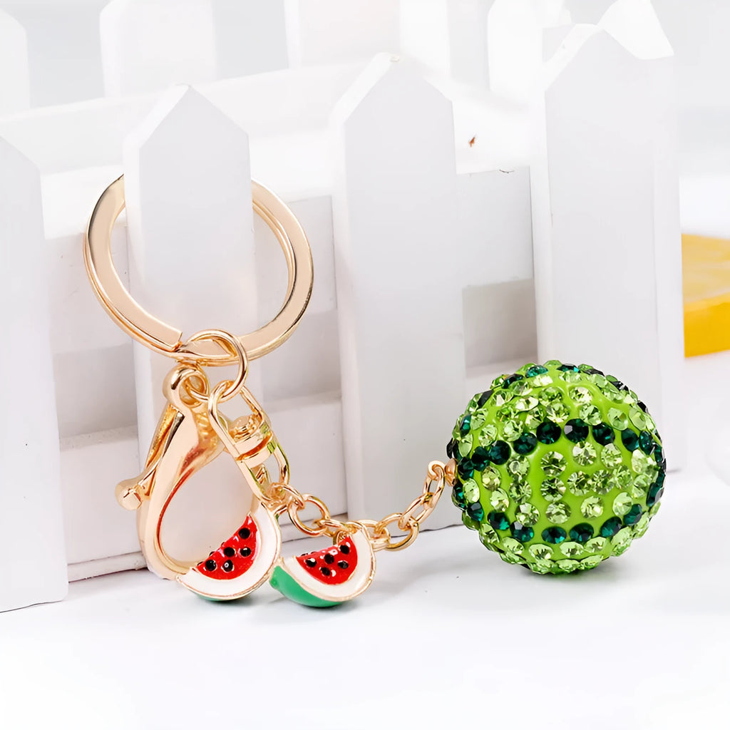 Green zinc alloy keychain shaped like a watermelon, measuring 12cm in length.