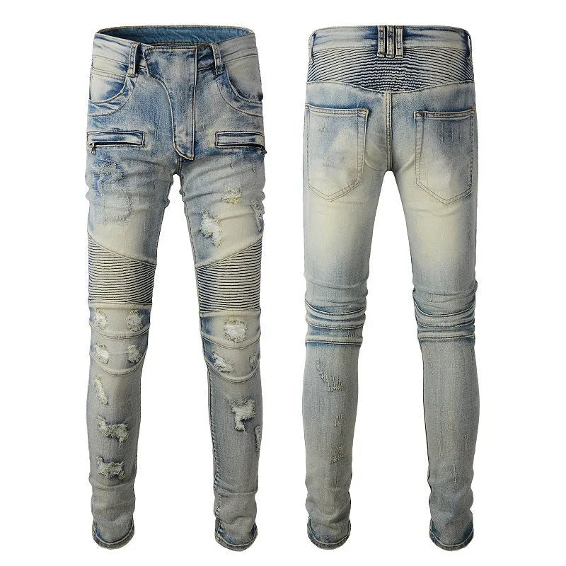 Men's light blue distressed slim fit jeans with hand-frayed detailing and stretch denim fabric