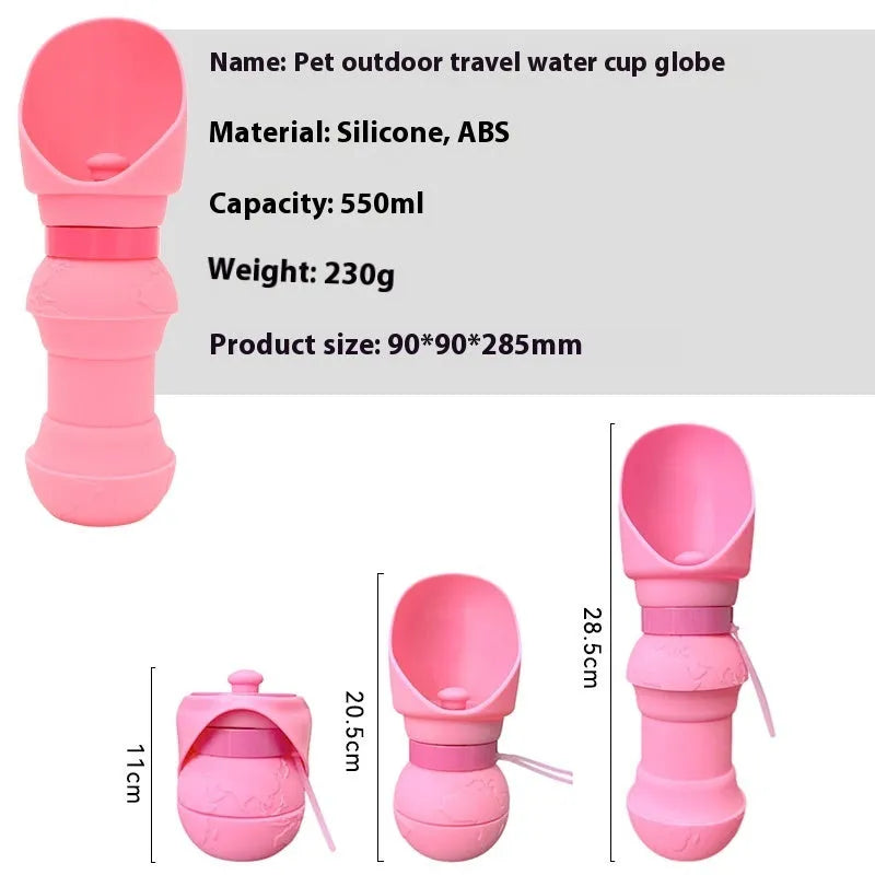 Silicone pet folding water cup shown open and collapsed, in various colours including pink, black, and green pineapple.