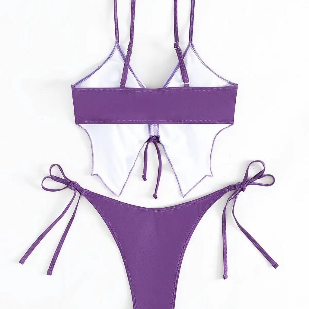 Women's purple bikini set with a bow on the front and high-cut briefs