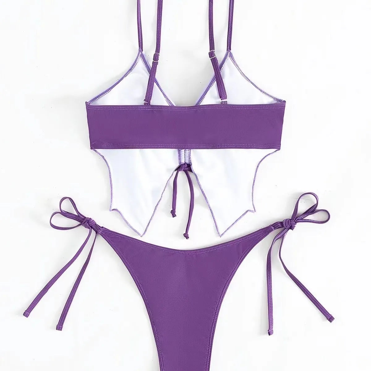 Women's purple bikini set with a bow on the front and high-cut briefs