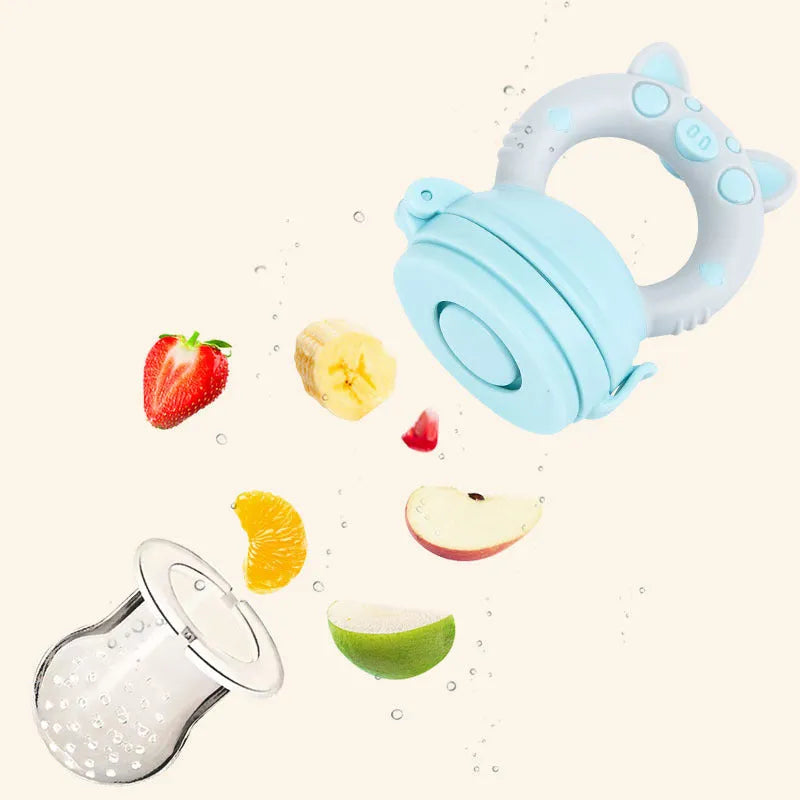 Silicone baby teether in blue, green, and pink colours with mouthpiece options