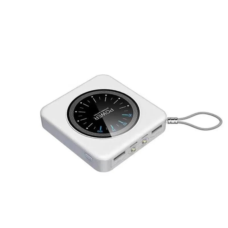 Mini clock portable power bank with alloy case in pink, black, green, or white, showing multi-U port.