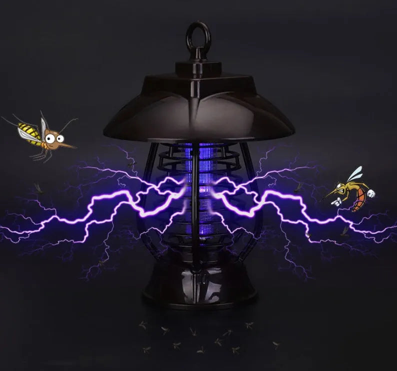 Black solar powered electronic mosquito lamp with solar panel and LED lights for garden pest control