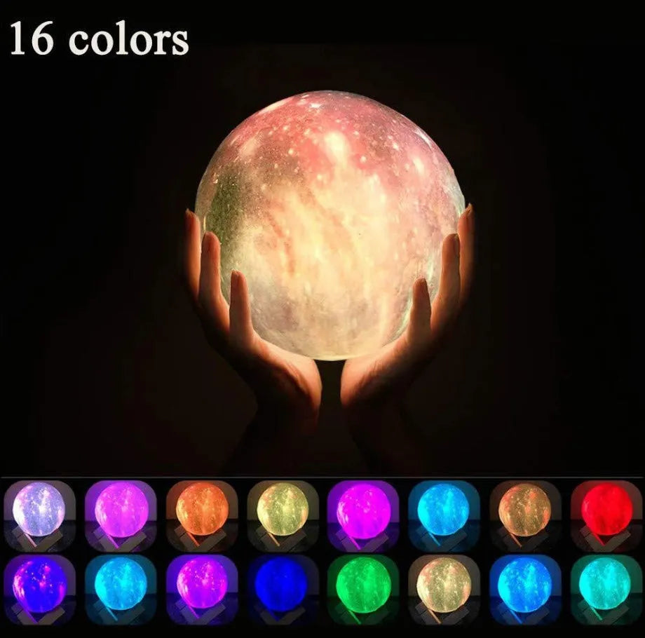 3D printed spherical lunar night light with multi-colour LED glow on a dark surface.