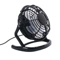 Mini adjustable USB desk fan in black on a desk next to a laptop