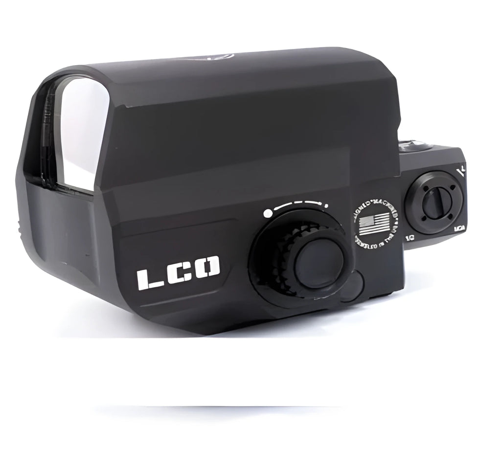 LCO tactical red dot sight with 20mm rail mount, metal housing, and holographic reticle
