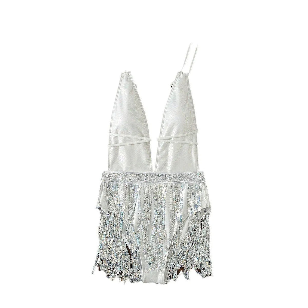 White deep V neck one-piece swimsuit with tassel detail and brief style