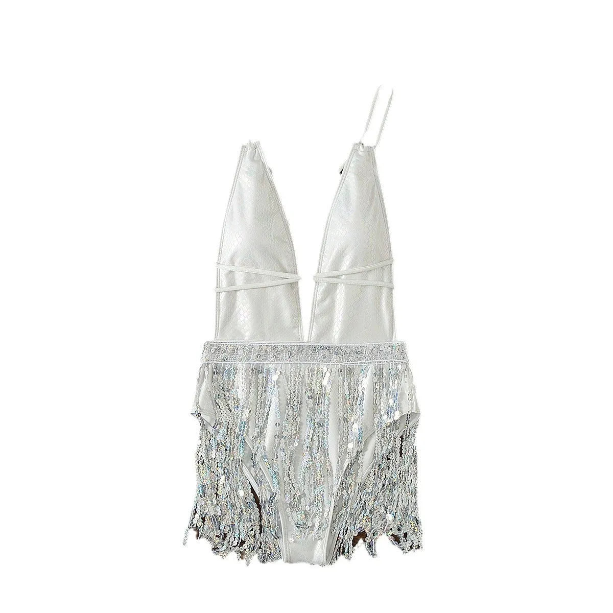White deep V neck one-piece swimsuit with tassel detail and brief style