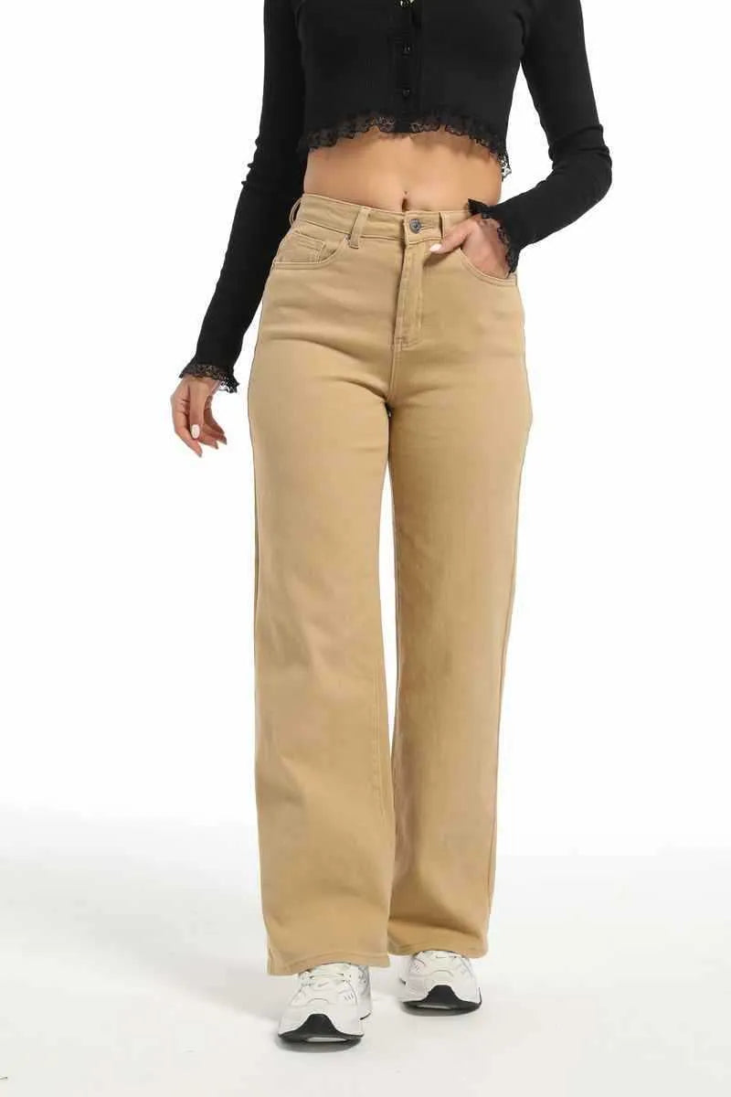 Women's apricot wide leg straight jeans with high waist on a hanger