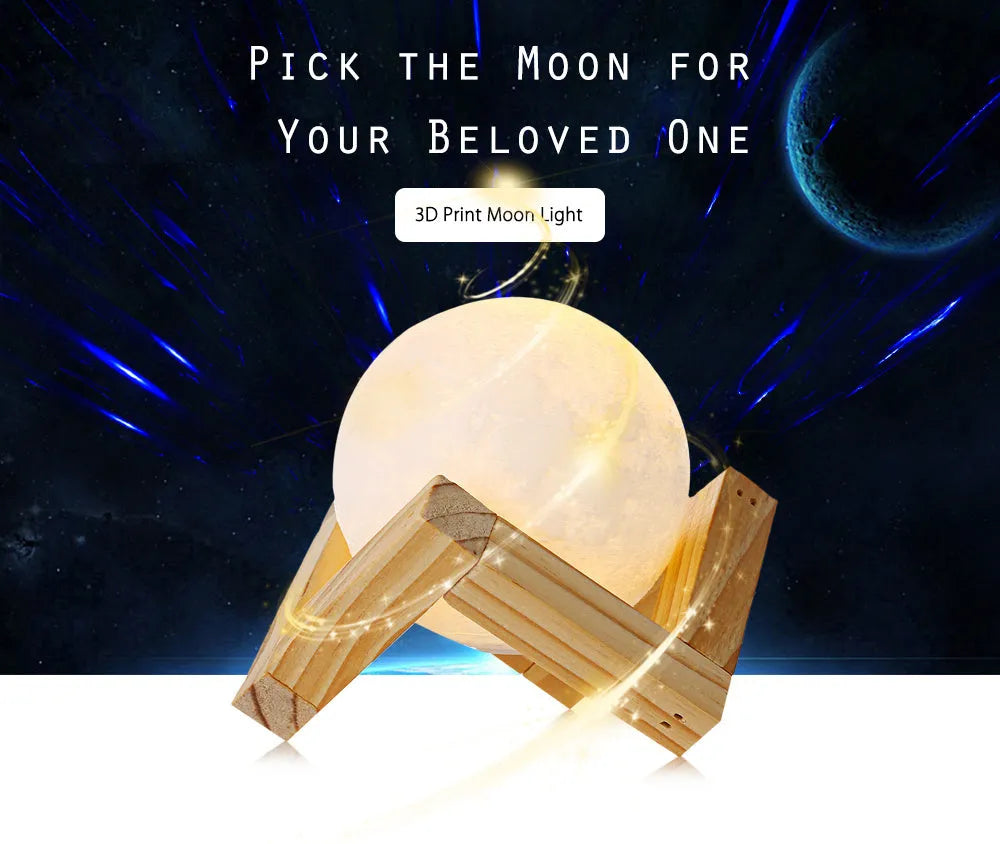 3D printed white moon lamp on a wooden stand with a glowing yellow light.