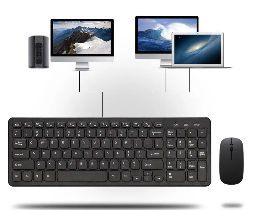 Black wireless keyboard and mouse set with 96 keys, chocolate keycaps, and compact mouse
