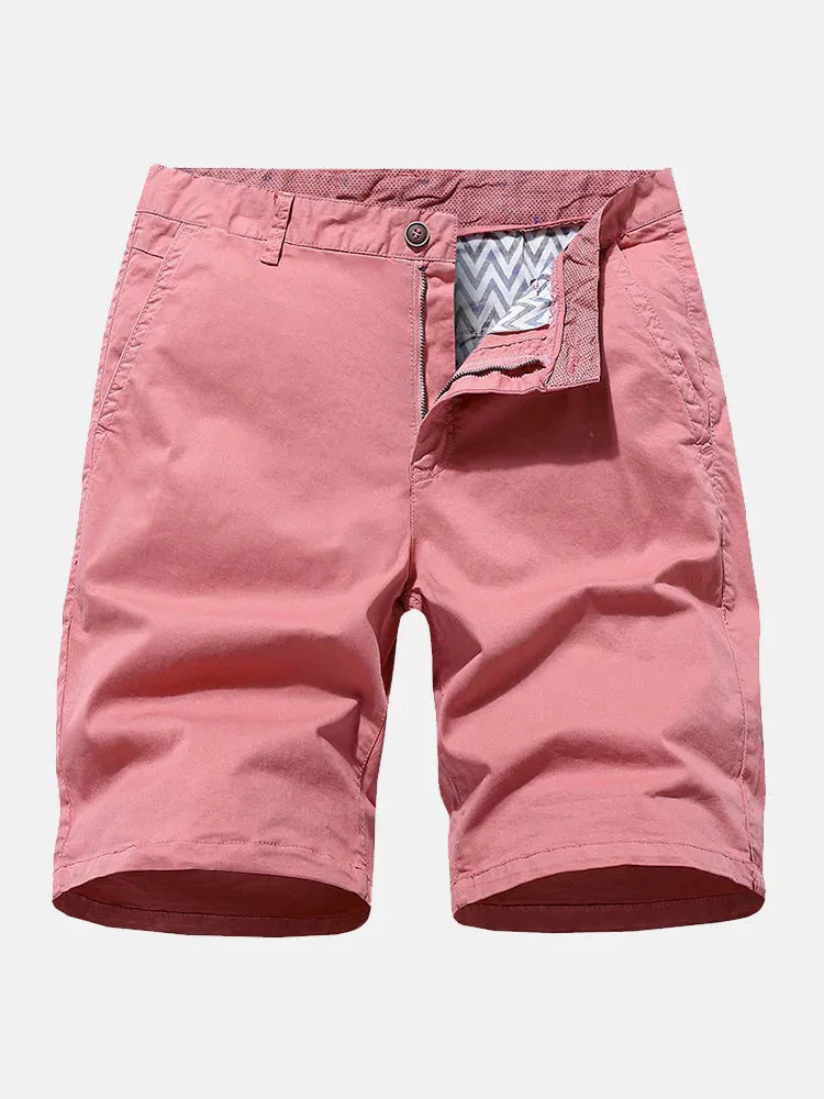 Men's blue denim casual shorts with a straight-leg cut and no belt, laid flat.