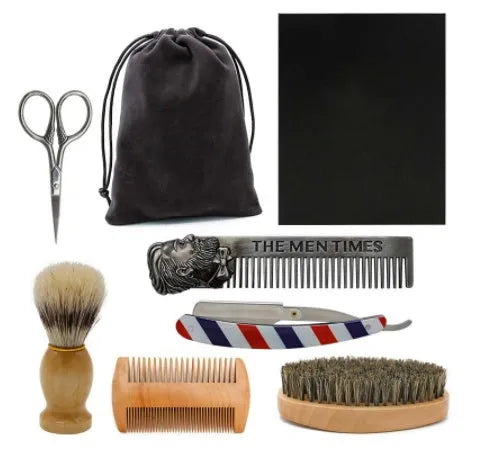 Complete shaving kit beard care set with oval brush, wood comb, metal comb, straight razor, scissors, travel bag and gift box
