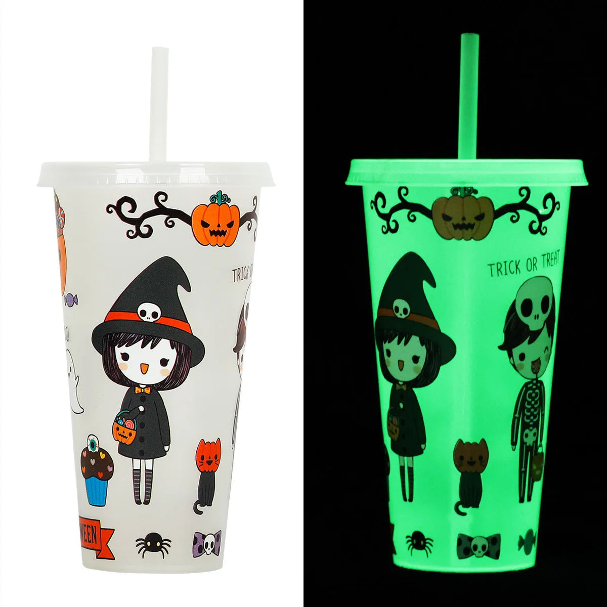 720ml colourful plastic Halloween sippy cup with a straw on a table.