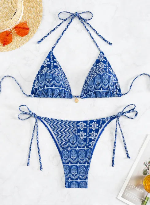Women's split bikini swimsuit with bandage stitching in polyester fabric