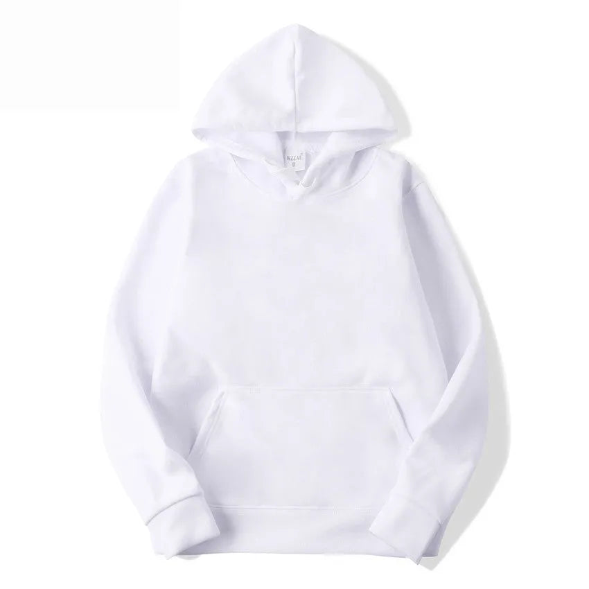 White cotton blend pullover hoodie with hood and long sleeves showing front view