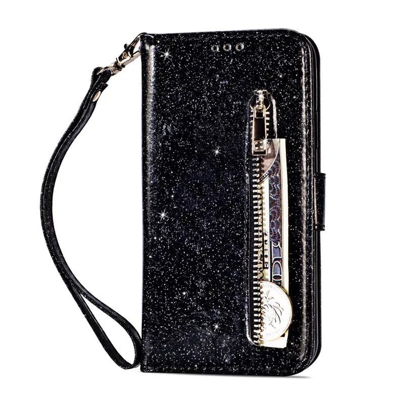 PU zipper phone case for iPhone in black, showing zipper closure and card slot