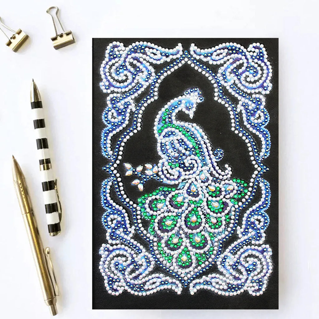 Black A5 peacock diamond painting notebook kit with shaped and bright drill crystals