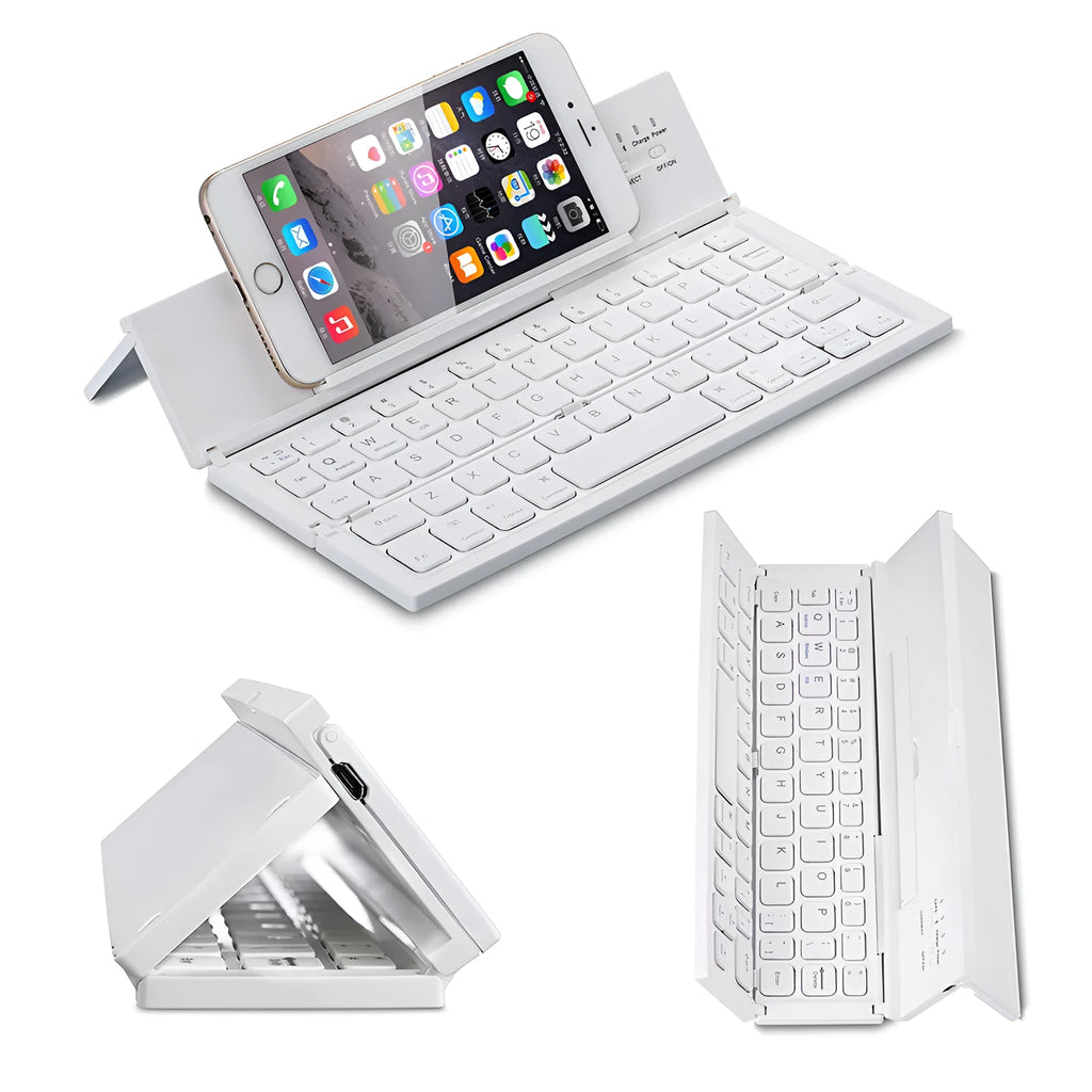 Mini folding ultra-thin wireless Bluetooth keyboard in black, open and ready for typing with a tablet
