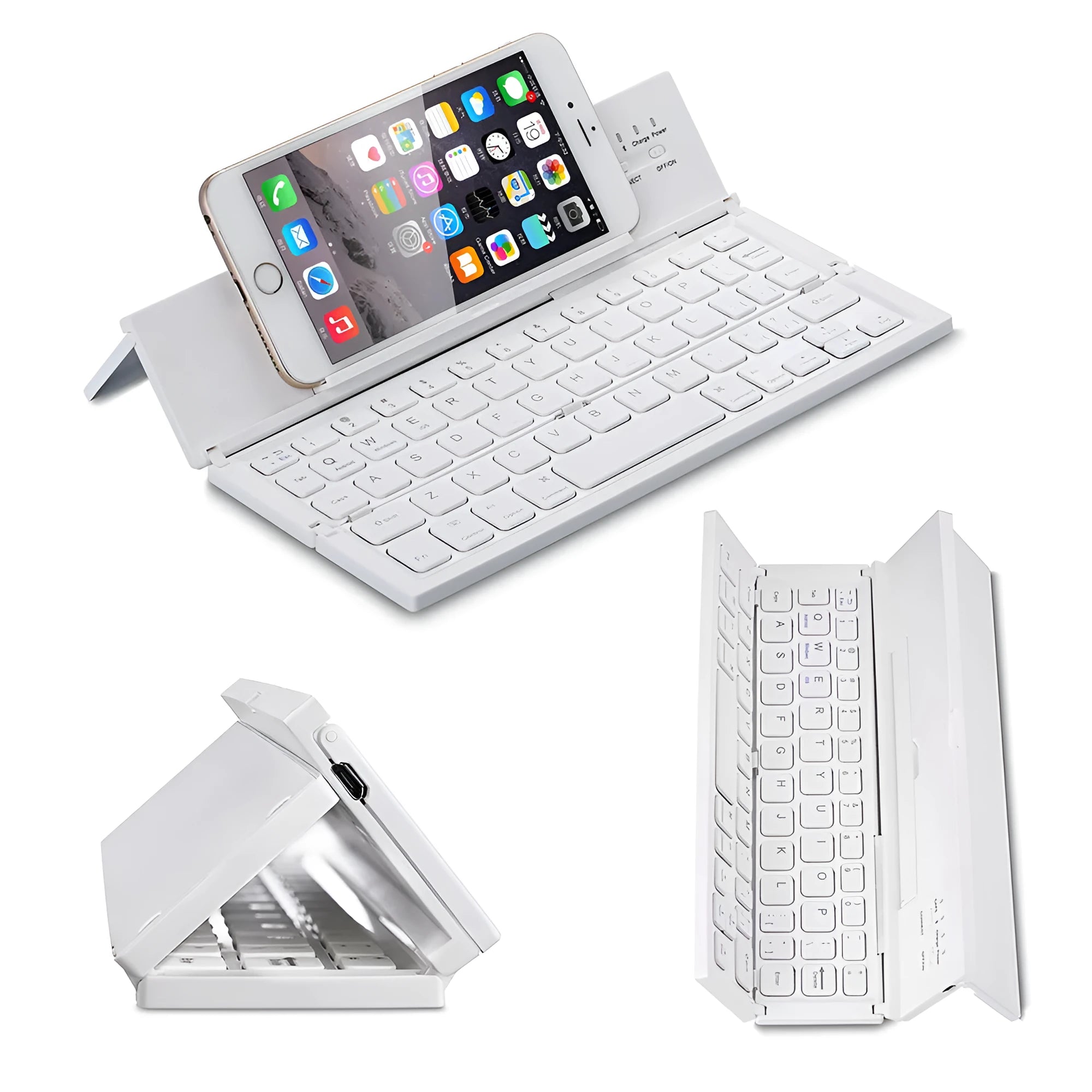 Mini folding ultra-thin wireless Bluetooth keyboard in black, open and ready for typing with a tablet