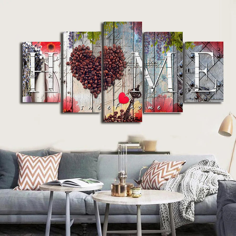 Red oil painting canvas wall art set with five pieces in varying sizes