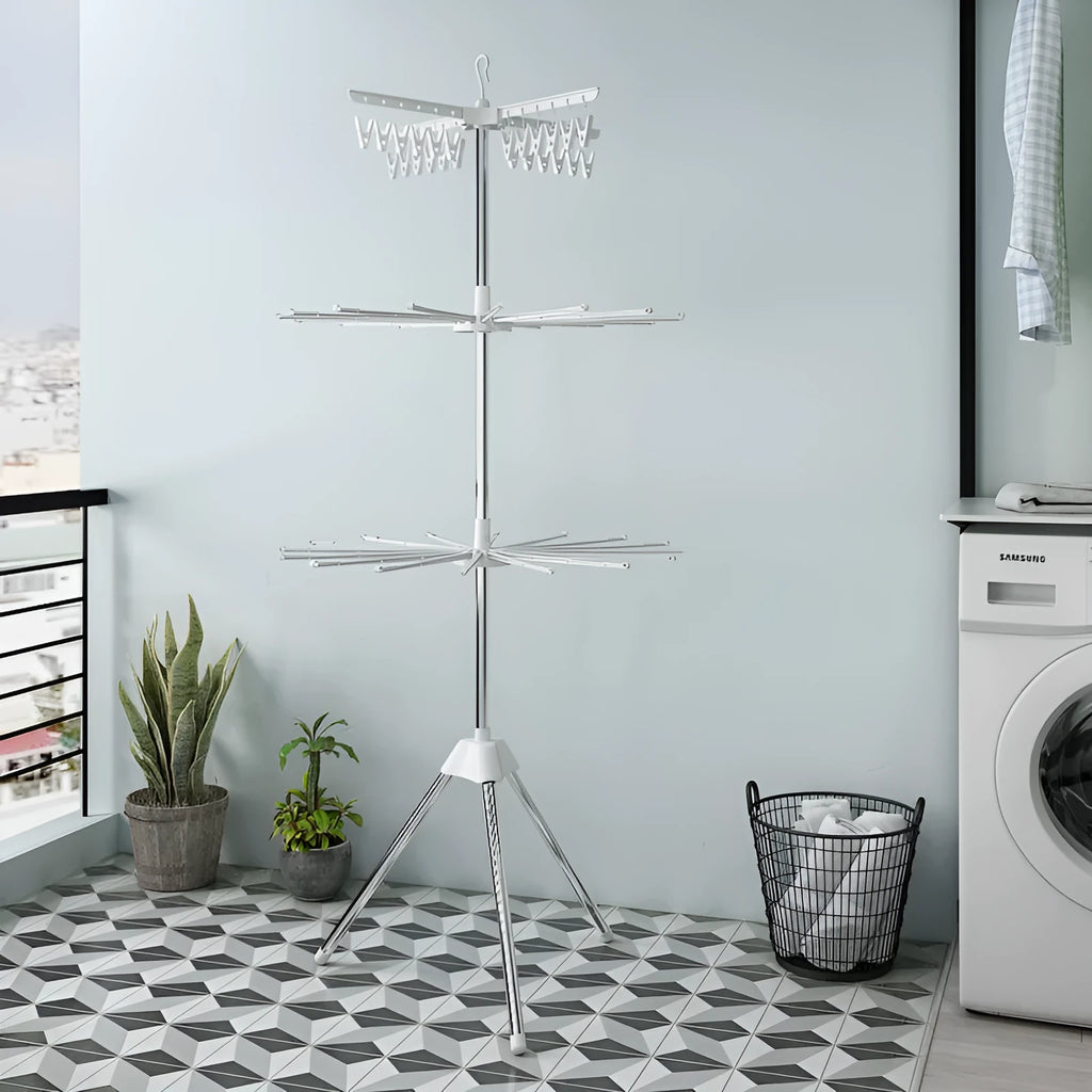 Mobile split stainless steel three-layer drying rack with plastic clips for socks and ties