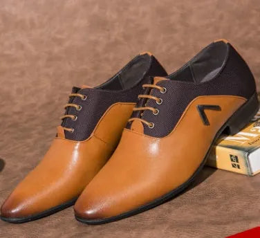 Men's Oxford shoes in black, brown, and yellow colours showing artificial PU upper and rubber sole