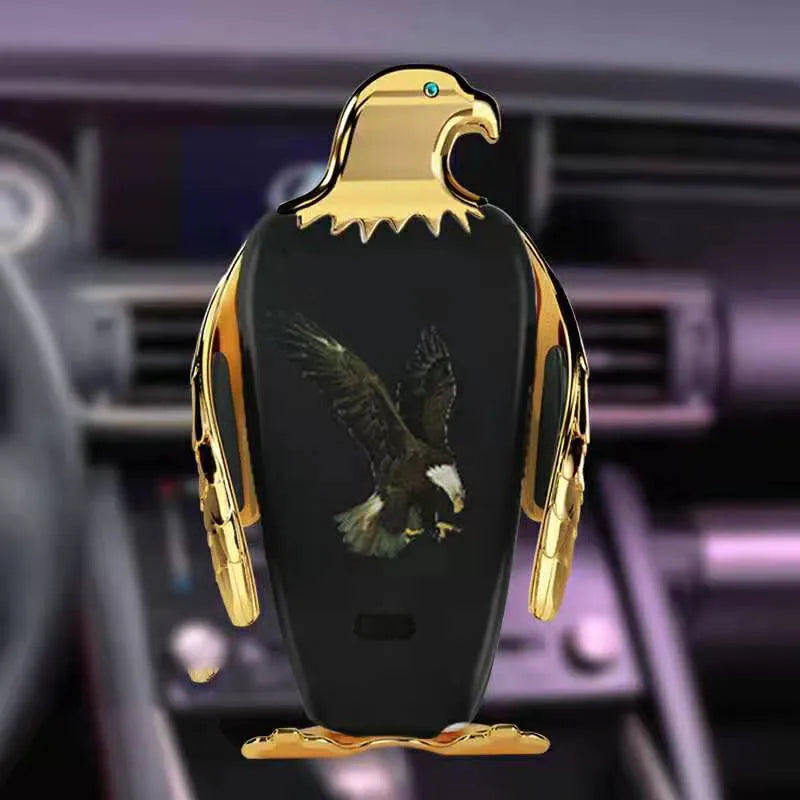 Car phone holder with wireless charging base and suction cup mount in black and gold colour with eagle design