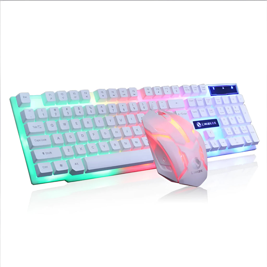 Limei GTX300 white RGB backlit gaming keyboard and mouse set on a desktop