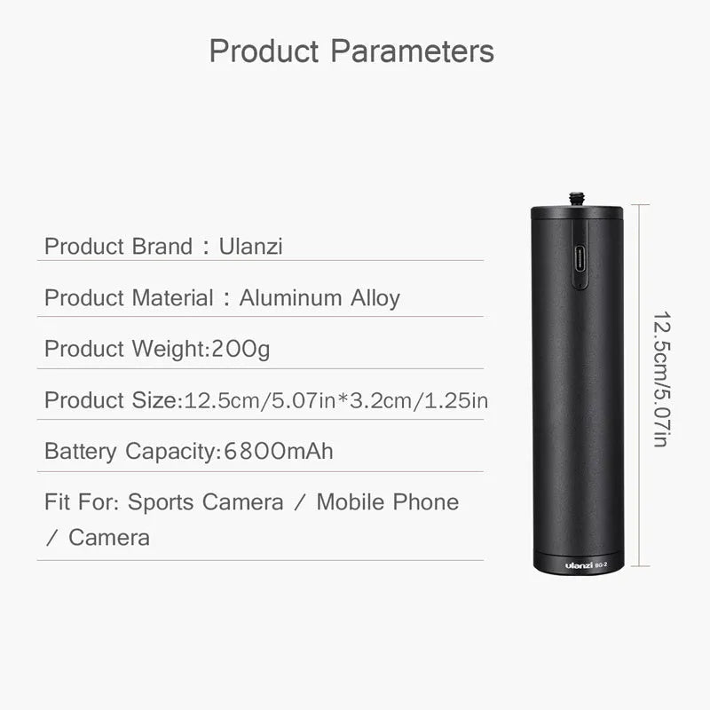 Black aluminium alloy charging treasure handle power bank measuring 12.5cm with 6800mAh capacity