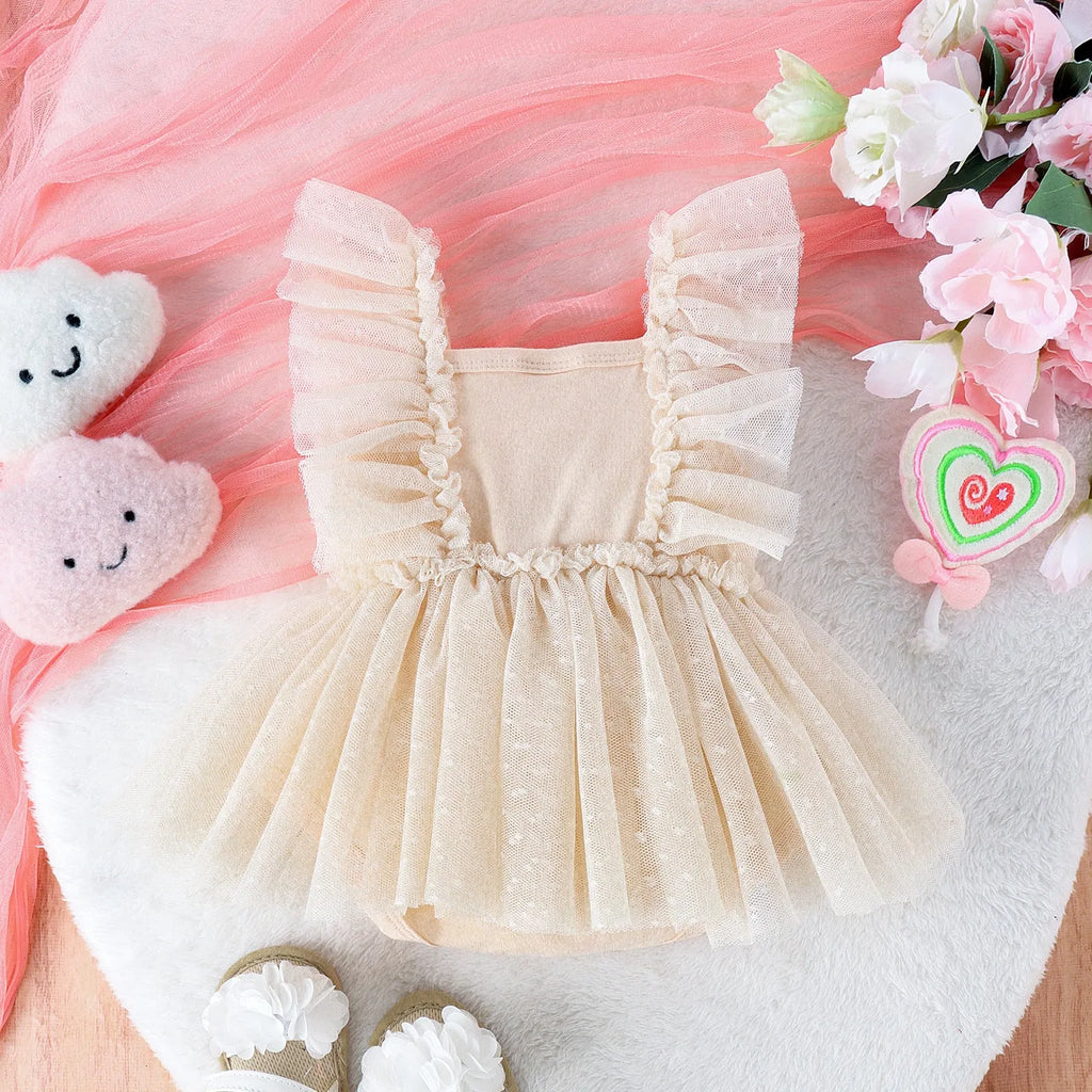 Cotton baby jumpsuit with net skirt triangle bodysuit in pink for summer girls 0-18 months