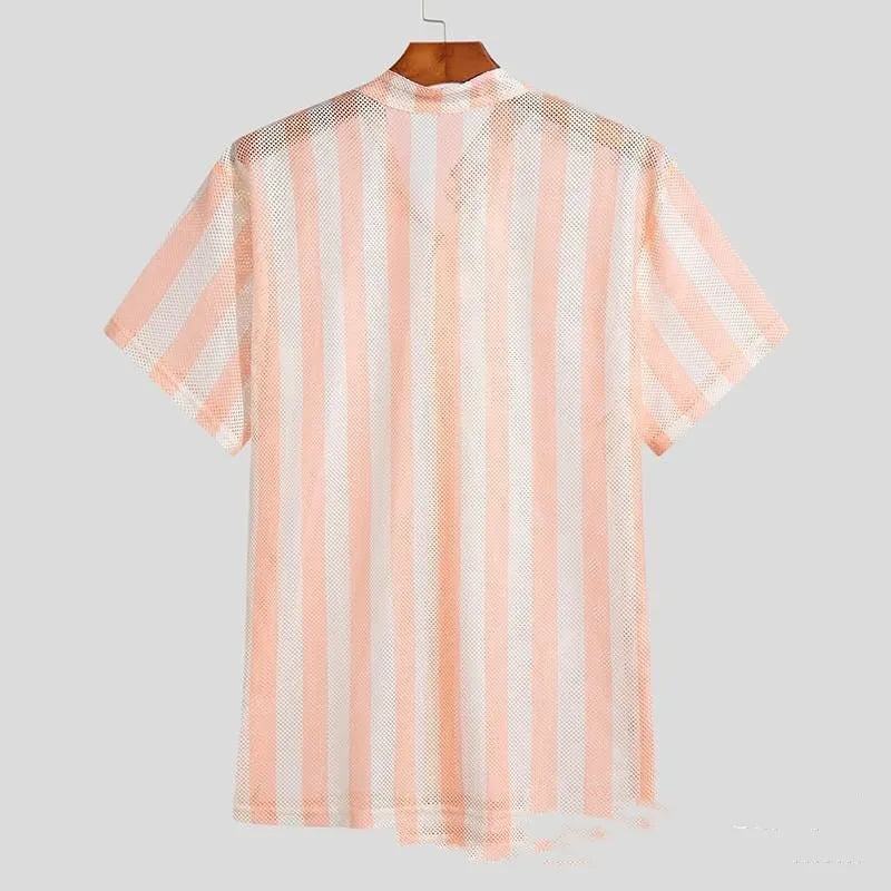 Men's pink waffle knit loose cardigan shirt with short sleeves for summer casual wear