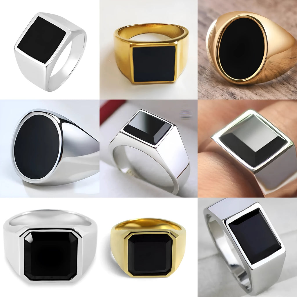 Men's titanium steel hexagonal ring with glossy black epoxy inlay and polished finish on white background