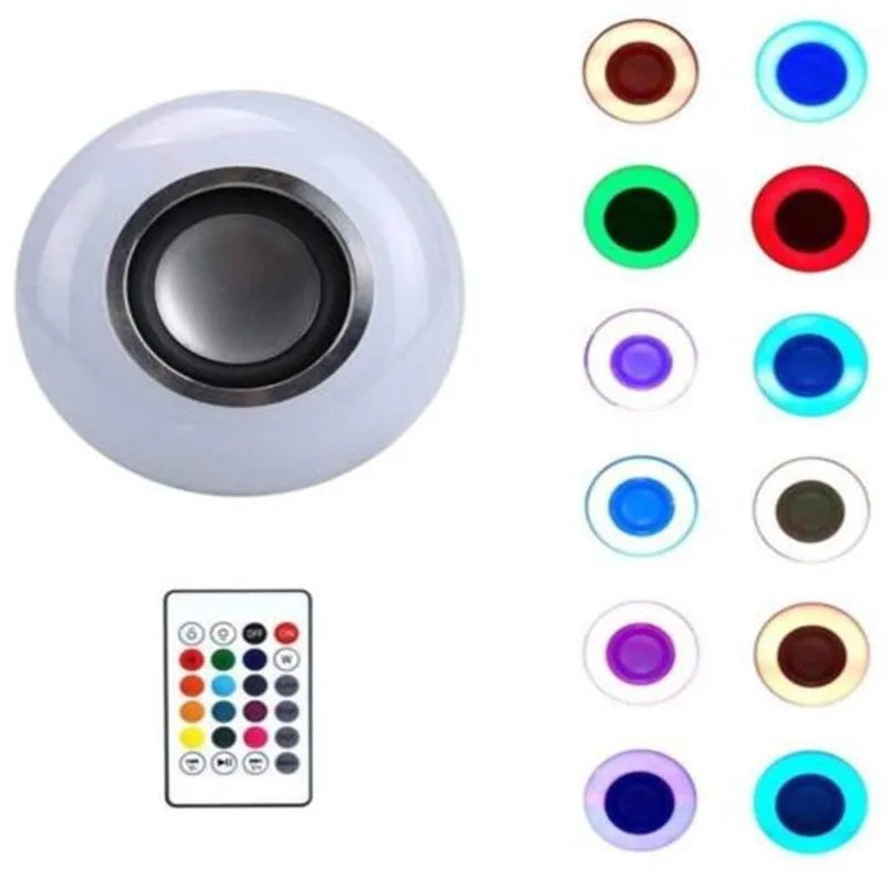 White smart LED bulb with E27 base featuring built-in Bluetooth speaker and remote control for 16 colour lighting.