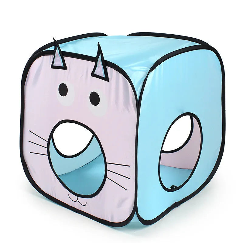 Foldable cat tent and tunnel toy set with colourful cat fish pattern design